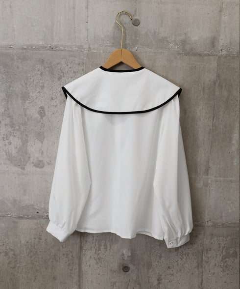 ビッグ襟ブラウス リボンタイブラウス長袖 レディース バイカラーシャツブラウス フレンチガーリー 大きめ襟トップス ゆったり韓国ファッション  着やせ 体型カバー 84WANJIA-022